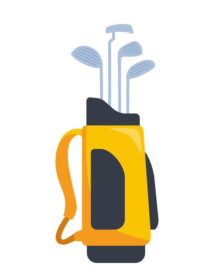 Yellow and black golf bag full of clubs, golfer sport equipment. Vector Illustration.