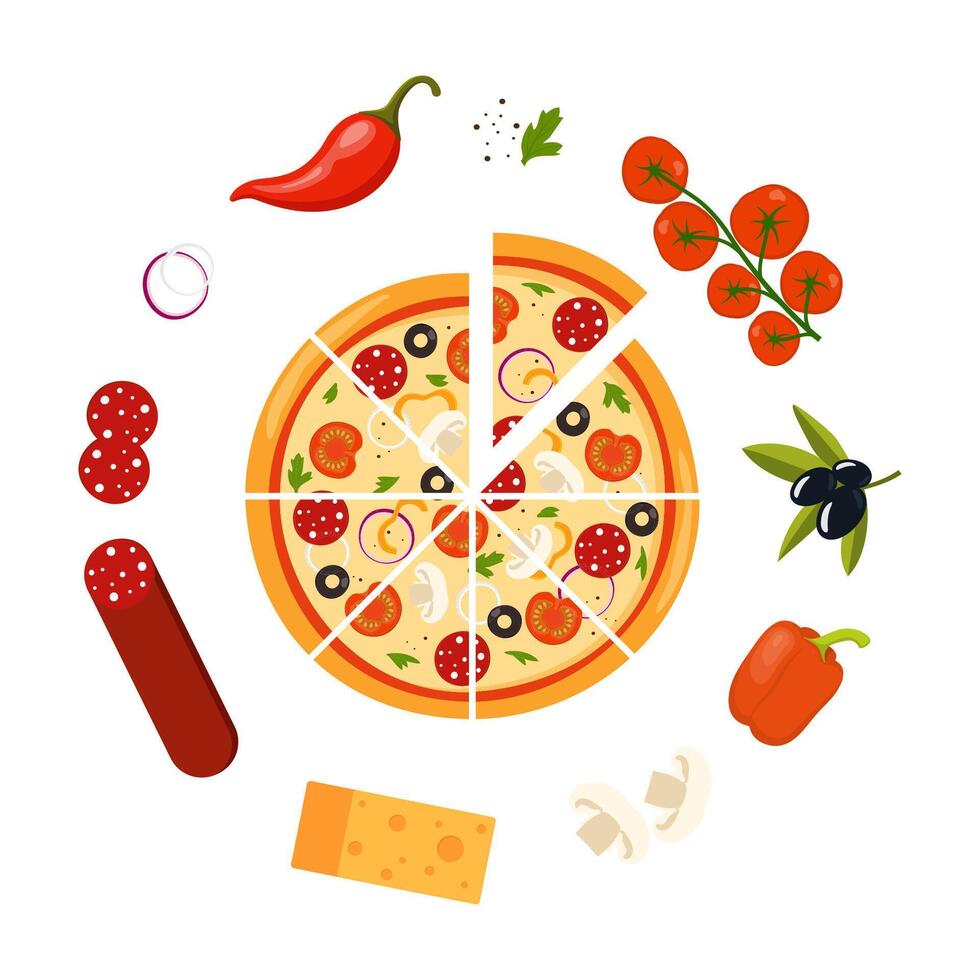 Fresh round pizza cut into triangular pieces and ingredients around. Pizza with tomato, cheese, olive, sausage, onion, pepper. Traditional Italian fast food. Top view meal. Vector illustration.