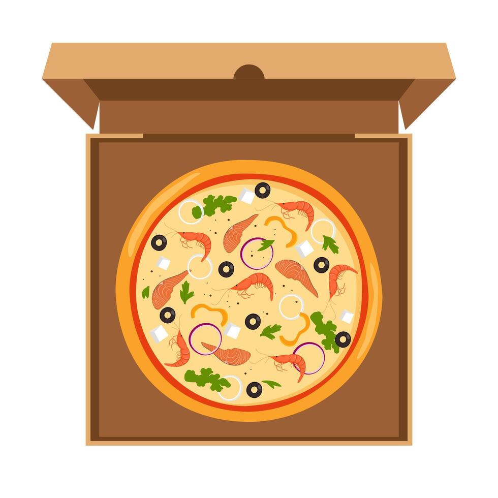 Fresco redondo Pizza con pez, camarón, queso, aceituna, cebolla, albahaca. tradicional italiano rápido alimento. parte superior ver comida en un abierto cartulina caja. vector ilustración.