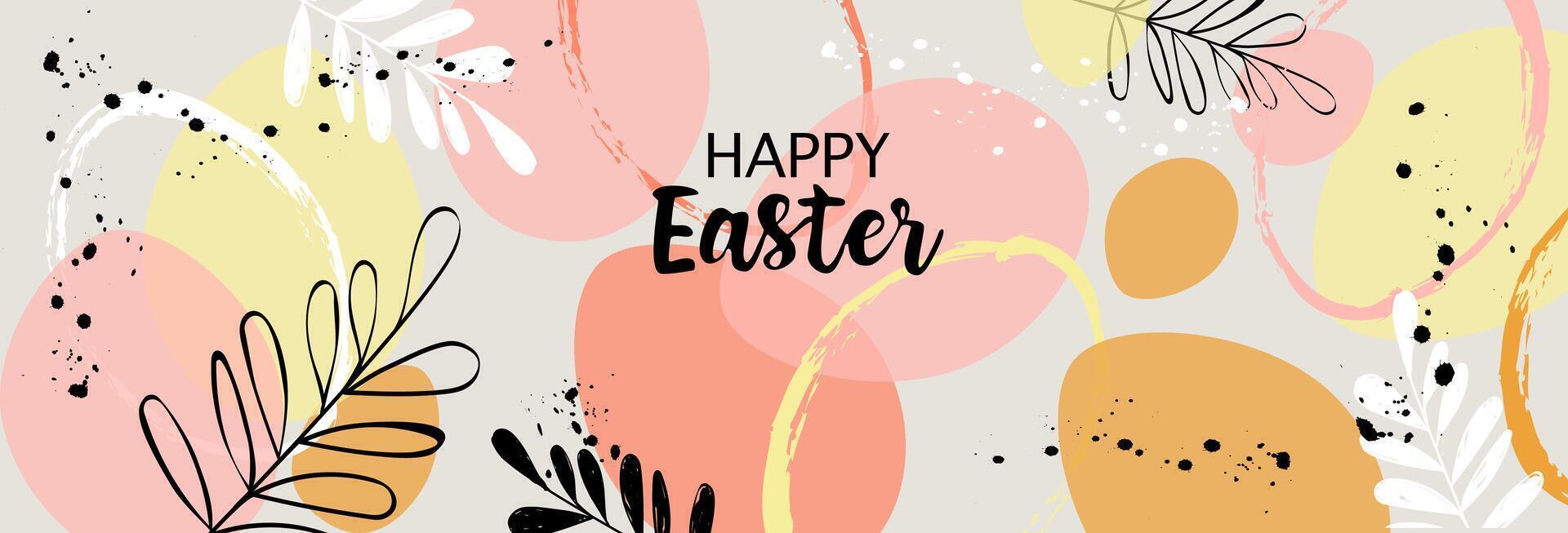 Vector Happy Easter banner Trendy Easter design, hand painted elements, silhouettes of eggs and leaves flowers in pastel colors. Modern flat minimalistic style. Horizontal poster, greeting card