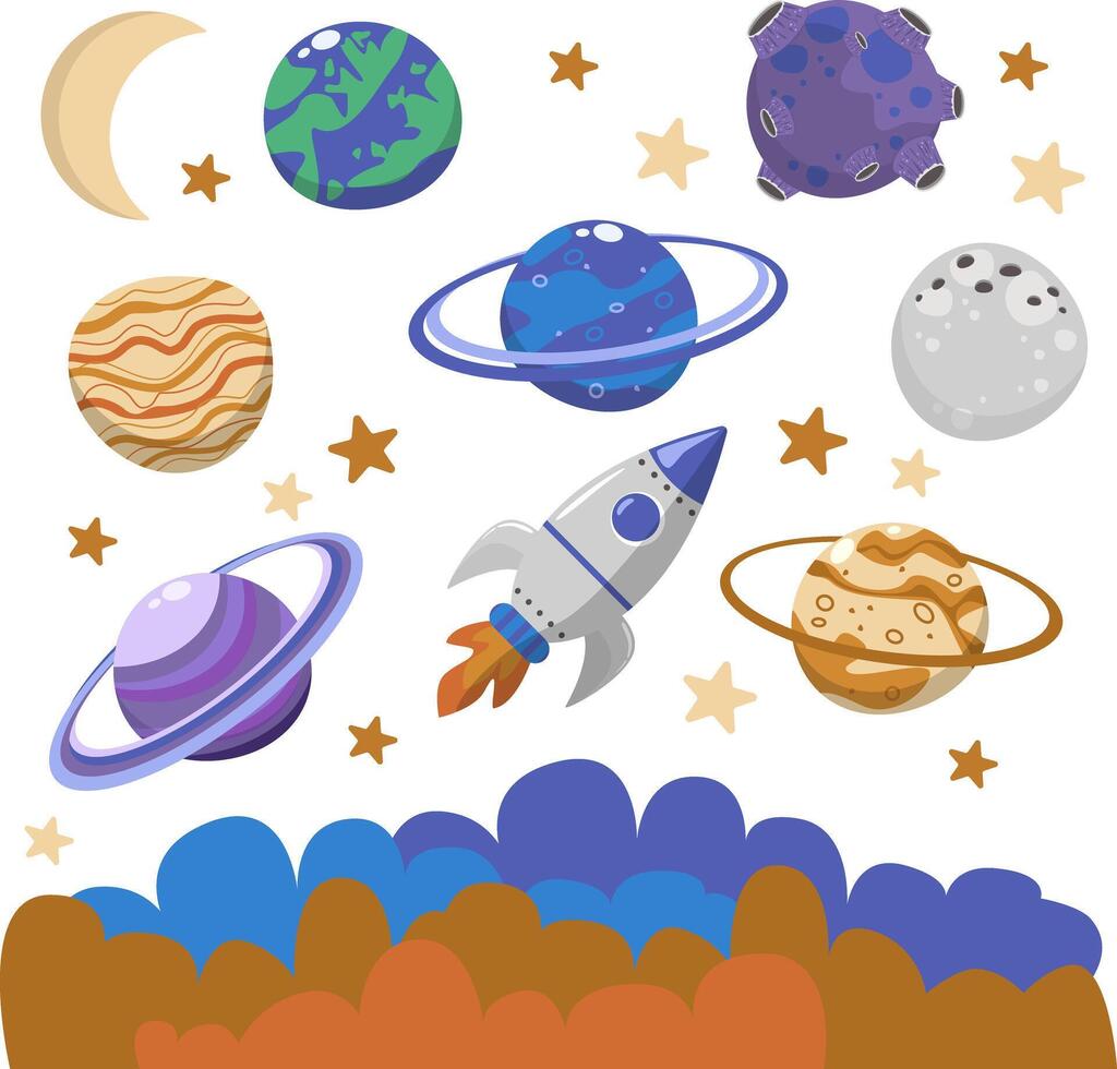 Set of vector elements of planets in space, Saturn, moon, Mars, Venus, rocket flies up, dense clouds from below, Stars, flat cartoon style for child boy