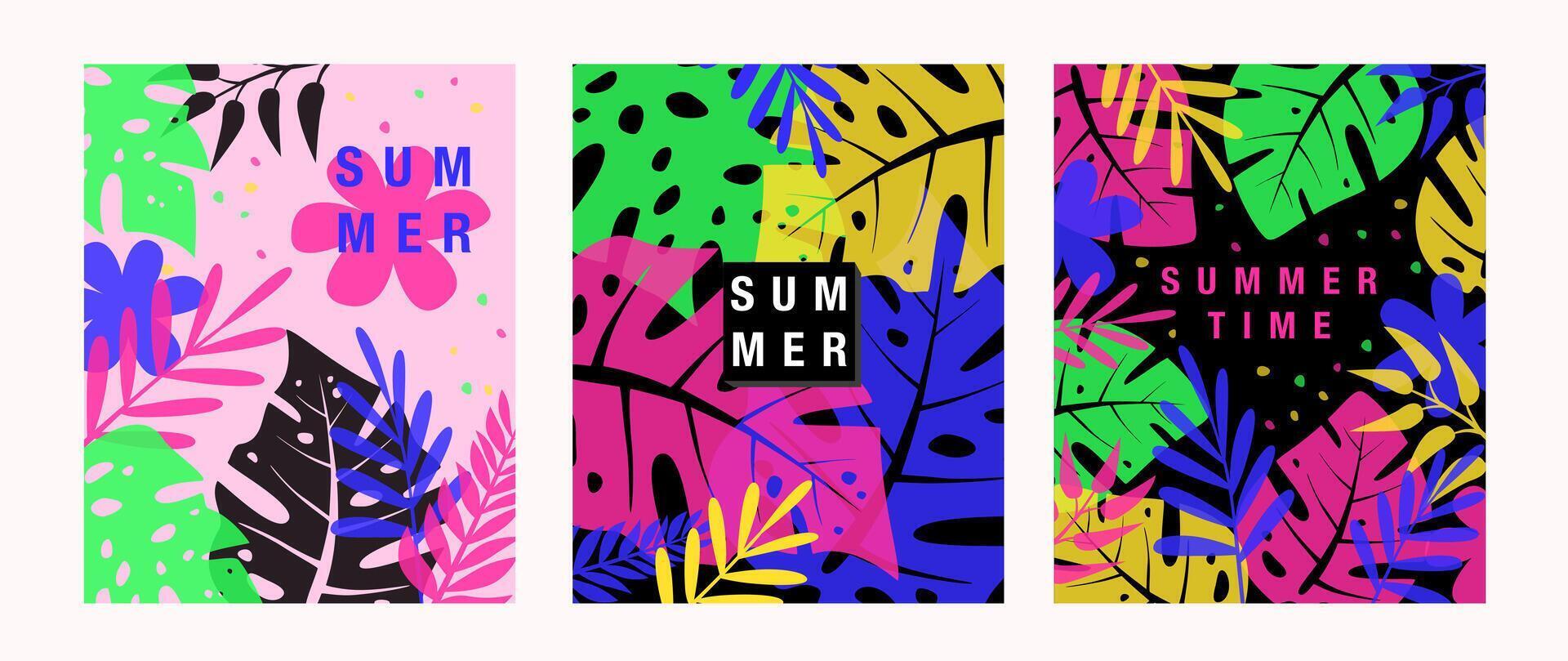 Vector summer background with bright abstract tropical leaves monstera flowers