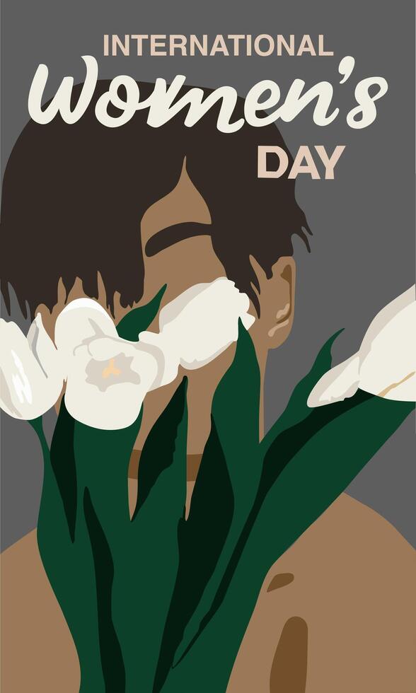 international Women Day A Celebration of Strength and Empowerment ,vector flat illustration, close-up view of a girl holding a bouquet of white tulips, greeting card vector