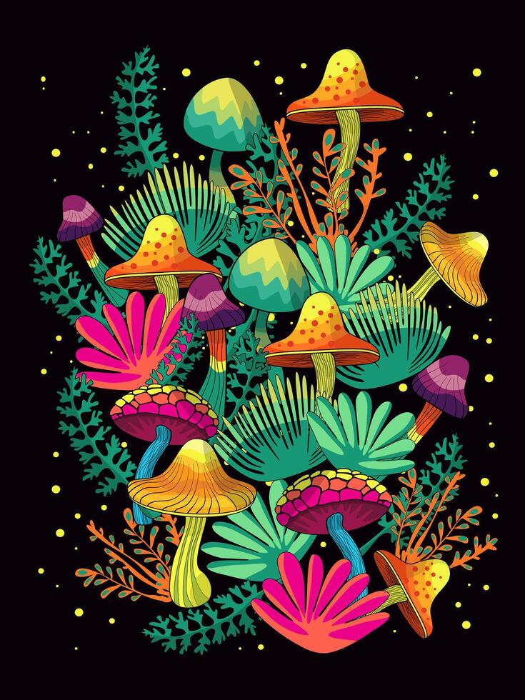 Vector background of magical neon green Mushrooms, pattern of bright fly agarics, fancy plants simple flat clip art.