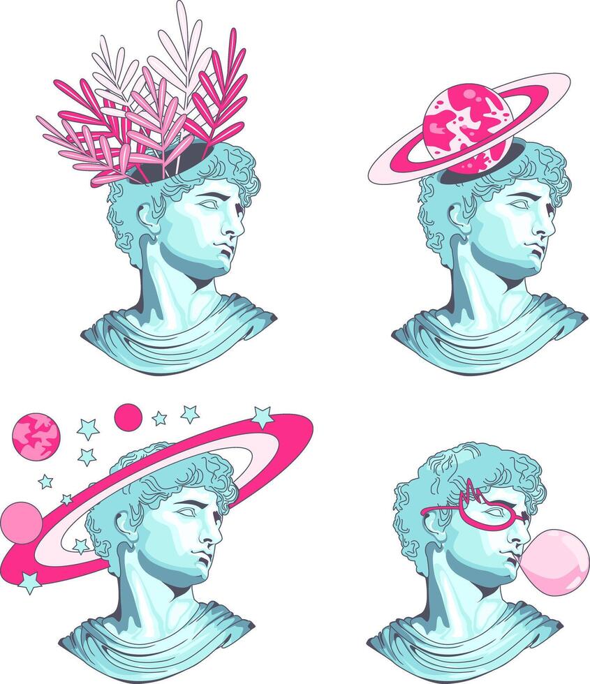 Apollo statues in blue color, set of heads with flowers, planets stars solar system, in retro glasses and inflating bubble, pop-up flat vector