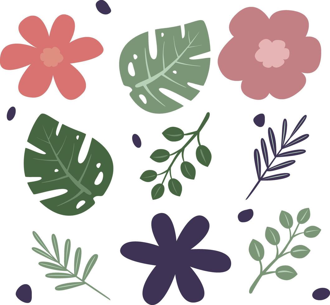 Abundant Bouquet of Diverse Flowers and Leaves on White Background tropical elements vector illustration in simple flat style