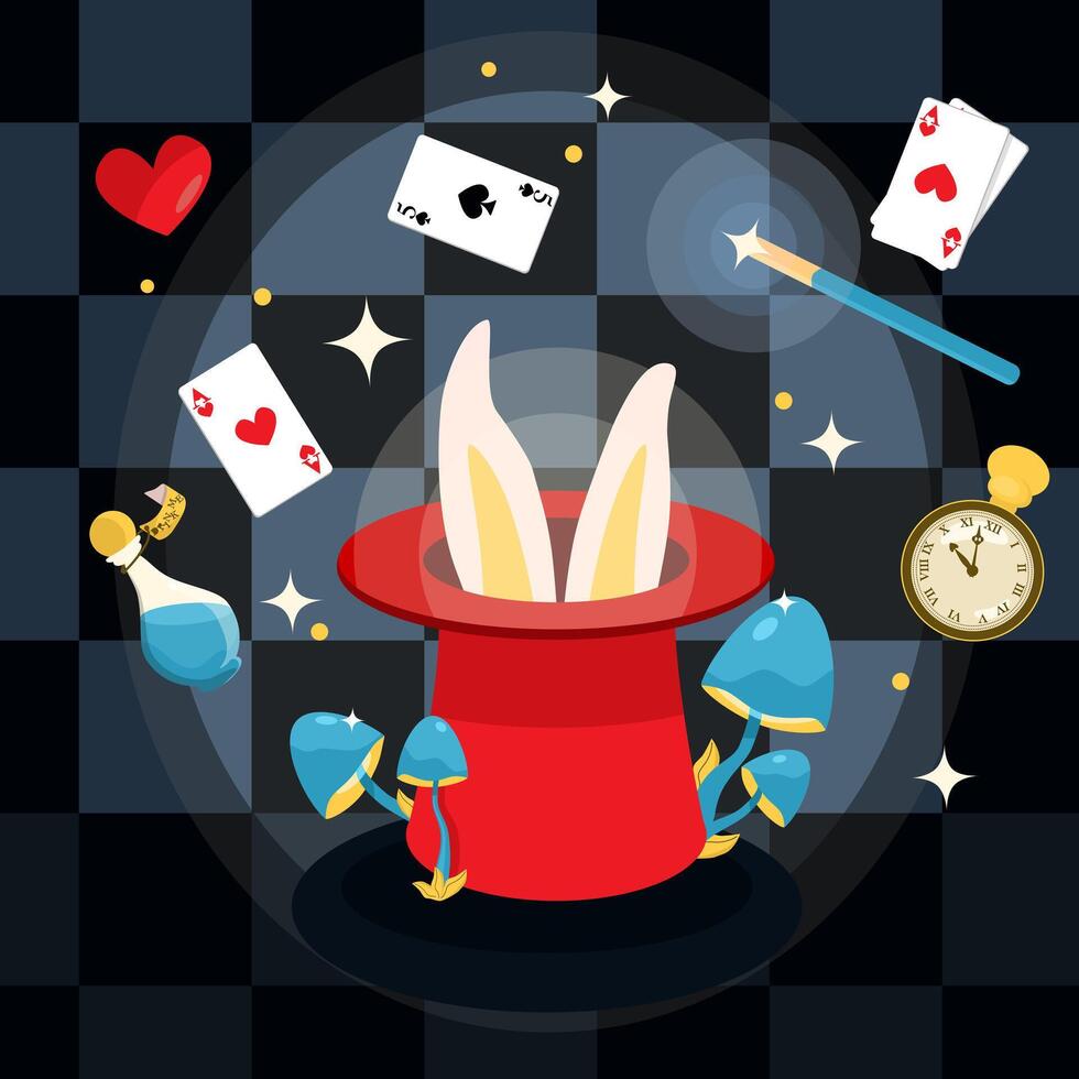 Magician Hat with Bunny Ears and Flying Cards. Vector elements from Alice in Wonderland, on a chessboard background, cartoon flat style