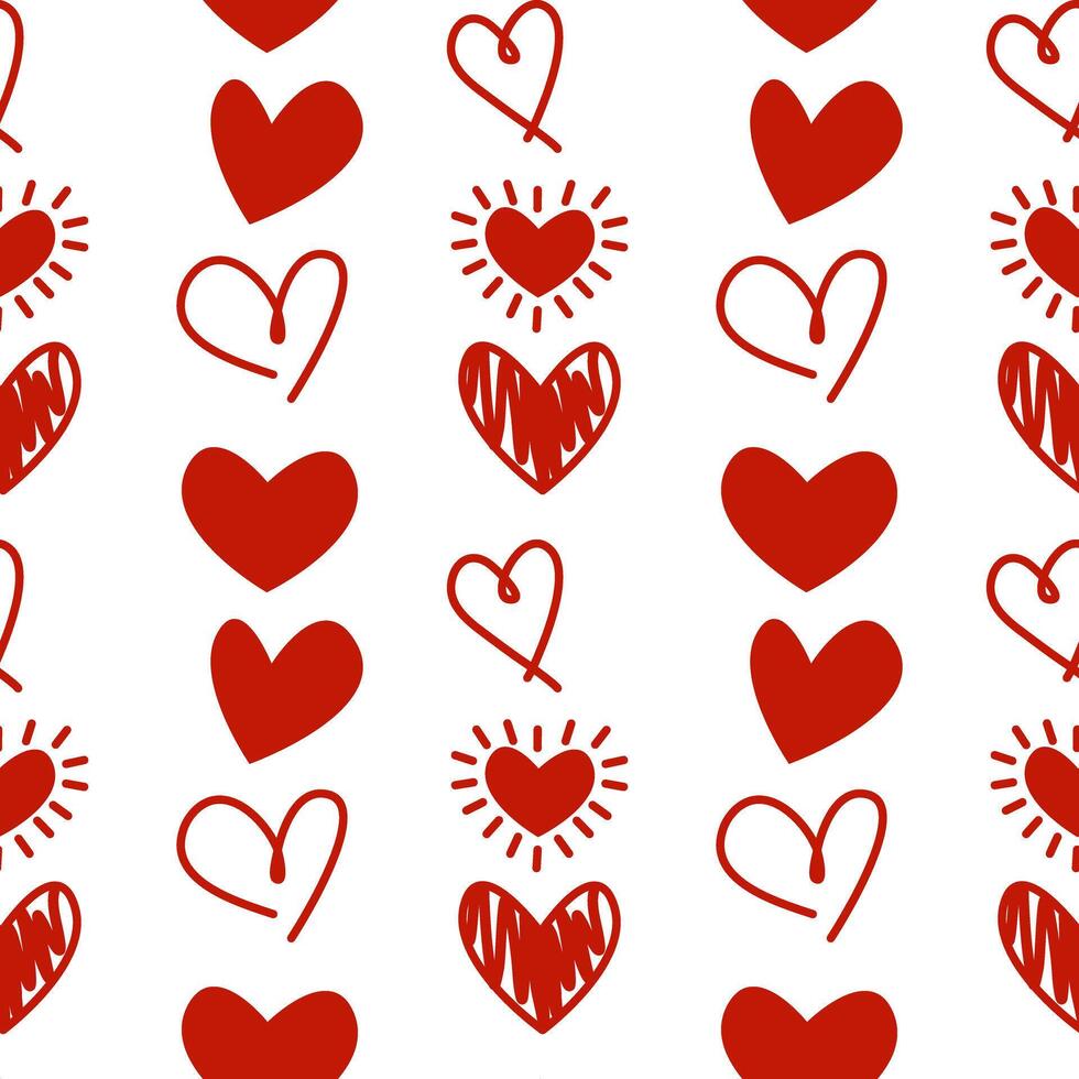 Vector seamless pattern with red hearts hand drawn. Endless pattern for Valentine's Day. Doodle hearts.