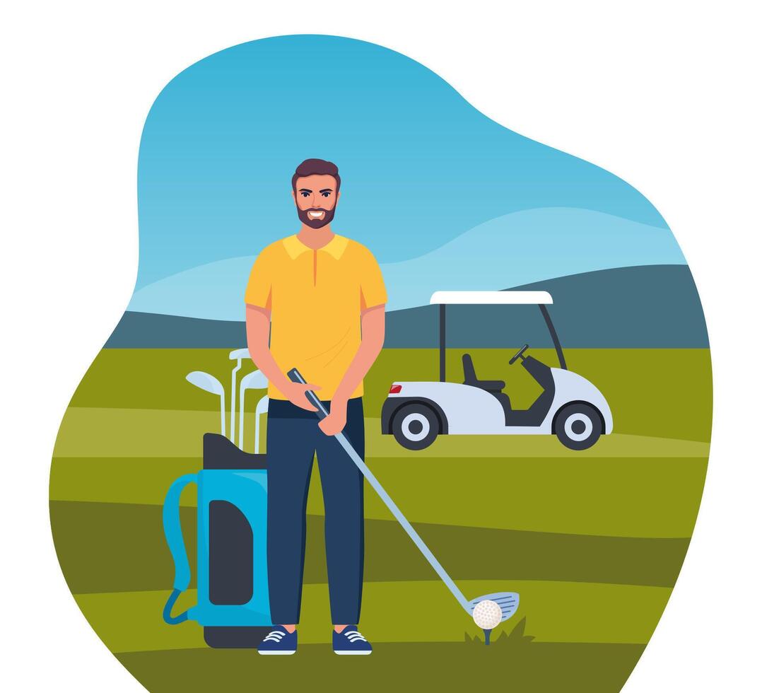 Man playing golf. Golfer with golf club on green grass, bag with professional equipment and driving cart, sport game outdoor concept. Summer hobby and recreation. Vector illustration.
