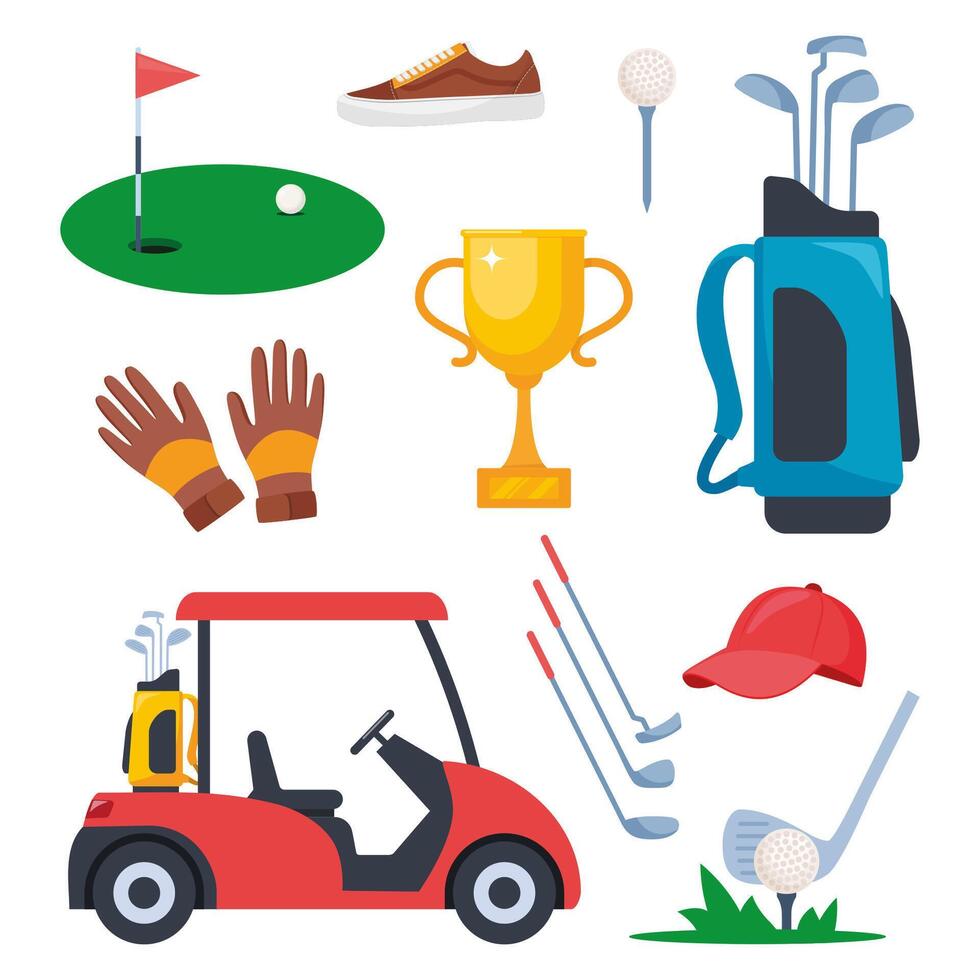 Golf equipment set. Professional items to play the sport, clothing and accessories. Golf player, bag, putter, golfer, ball, hole, course, gloves, shirt, cup, car. Vector illustration.