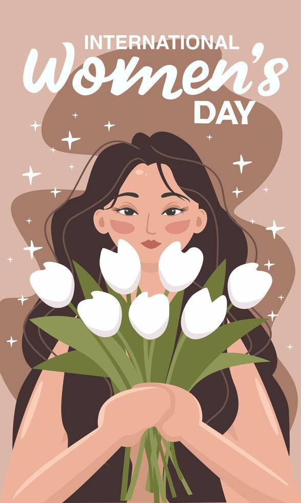 Powerful  young beautiful woman Holding Flowers for International Women's Day, vector illustration in simple flat style,March 8 greeting card for a girl