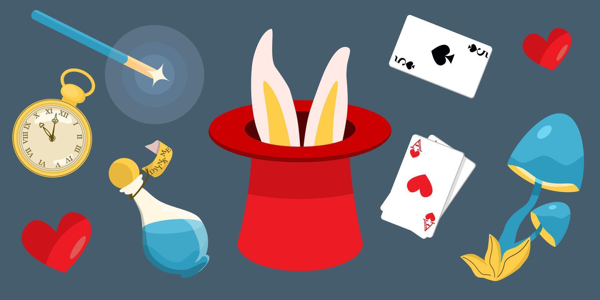 Magician Hat with Bunny Ears, game cards, clock, bottle, magic mushroom, vector elements set from Alice in Wonderland, cartoon flat style.