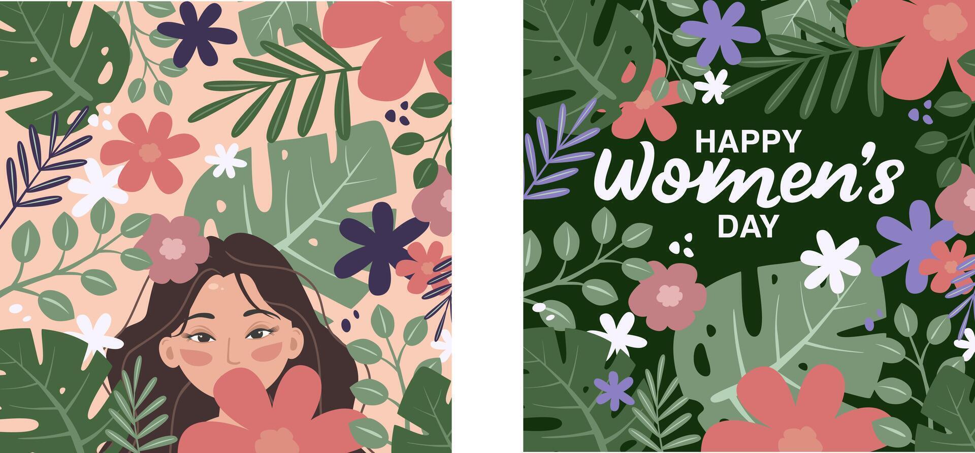 contento De las mujeres día saludo tarjeta con flores y hojas, 2 ordenador personal, vector ilustración de dos piezas, plano estilo, joven niña en flores y tropical hojas.