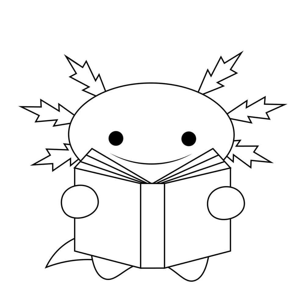 Cute cartoon Axolotl with book in black and white vector
