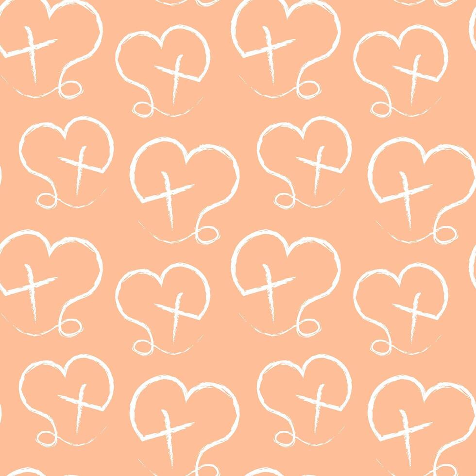 Seamless pattern with Christian Cross and heart in linear vector