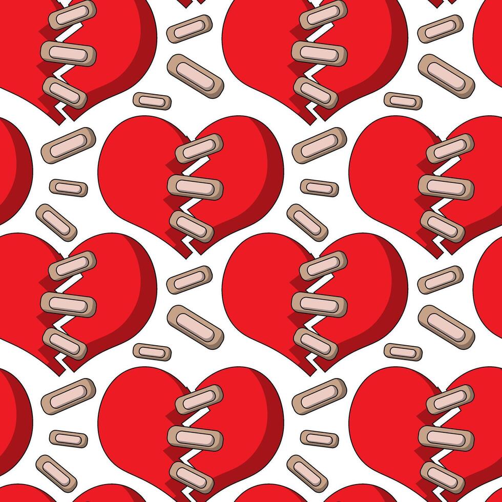 Seamless pattern with Broken Heart connected by threads adhesive plaster vector