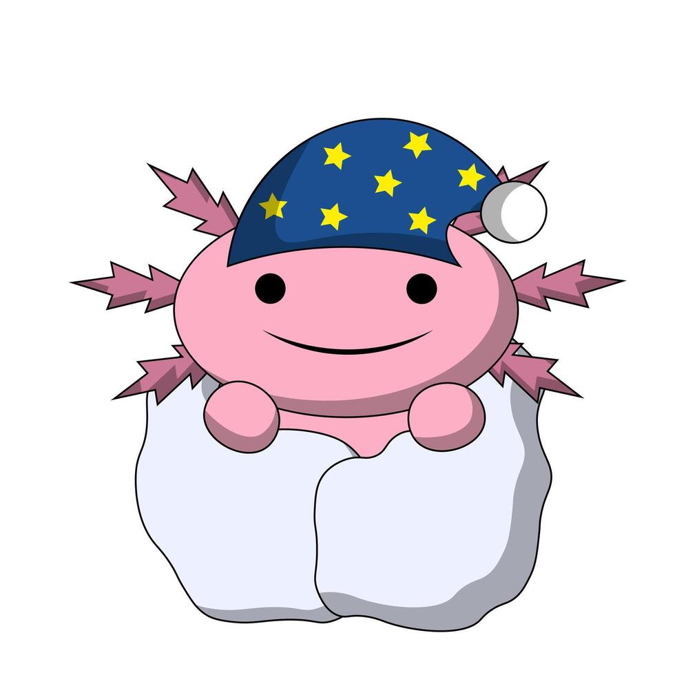 Cute cartoon sleep Axolotl with blanket in color vector