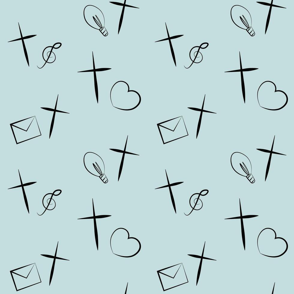 Seamless pattern with Christian Cross with different elements in line vector