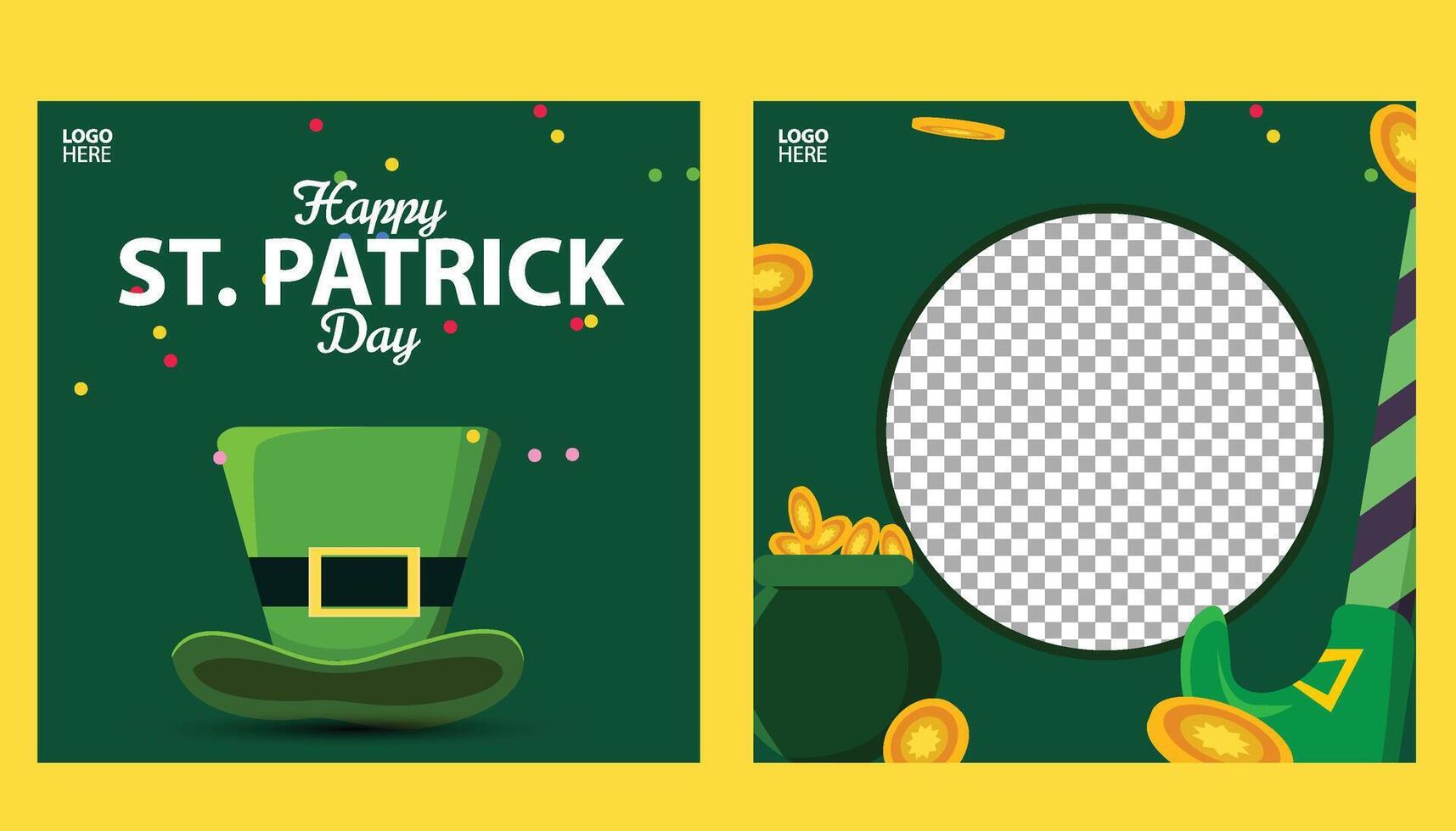 St. Patrick's Day holiday square template and design elements green shamrocks, beer drinks and celebration decorations for banners, posters and social media posts. vector
