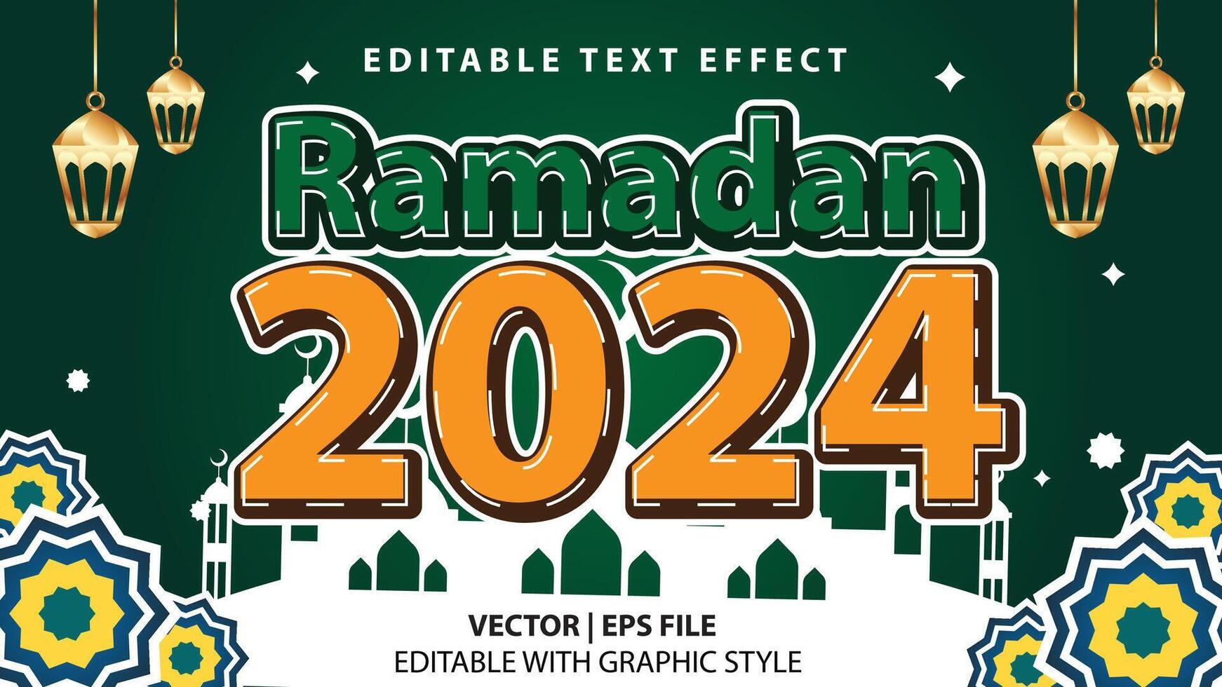 Editable text effect Ramadan 2024 welcome with mosque and Arabic Decoration with 3d font concept vector