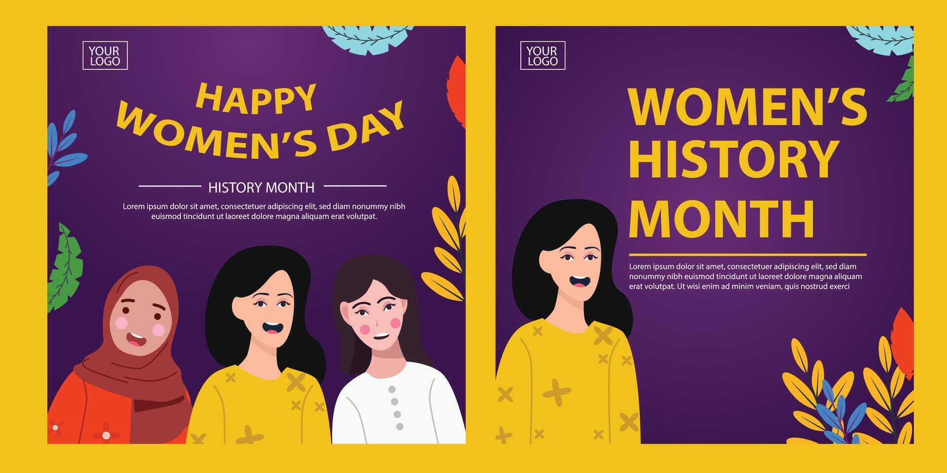 Happy Women's day square design set. March 8 holiday background with diverse female characters and flowers in the shape of a heart and the number 8 symbolizes female love and friendship. vector