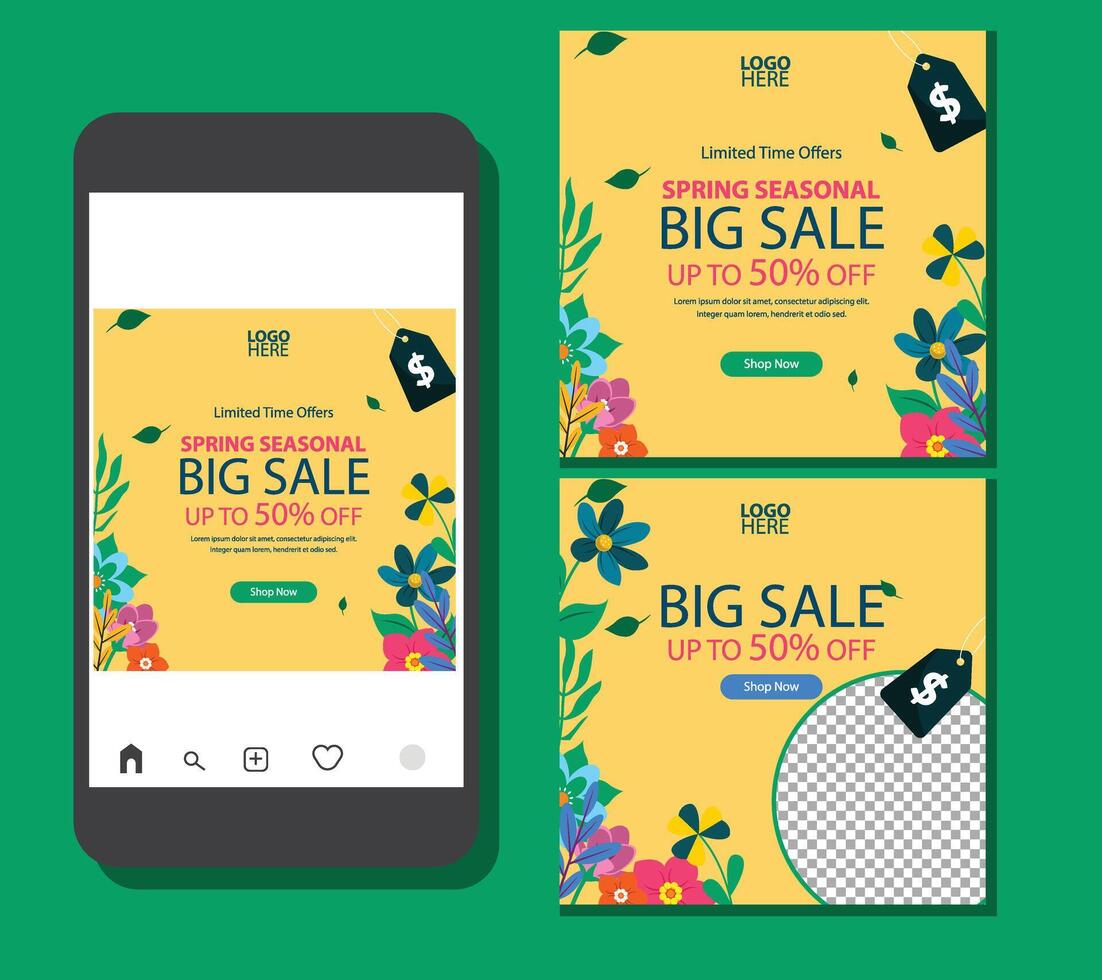 primavera ventas cubrir folleto colocar. póster plantillas con descuento promociones y flor decoraciones, cuadrado hojas. genial para primavera saludo tarjetas o social medios de comunicación publicaciones vector