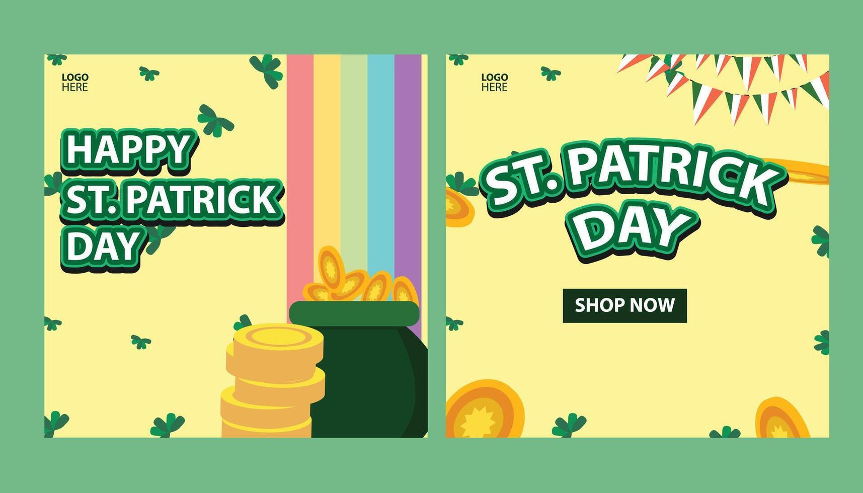 St. Patrick's Day holiday square template and design elements green shamrocks, beer drinks and celebration decorations for banners, posters and social media posts. vector