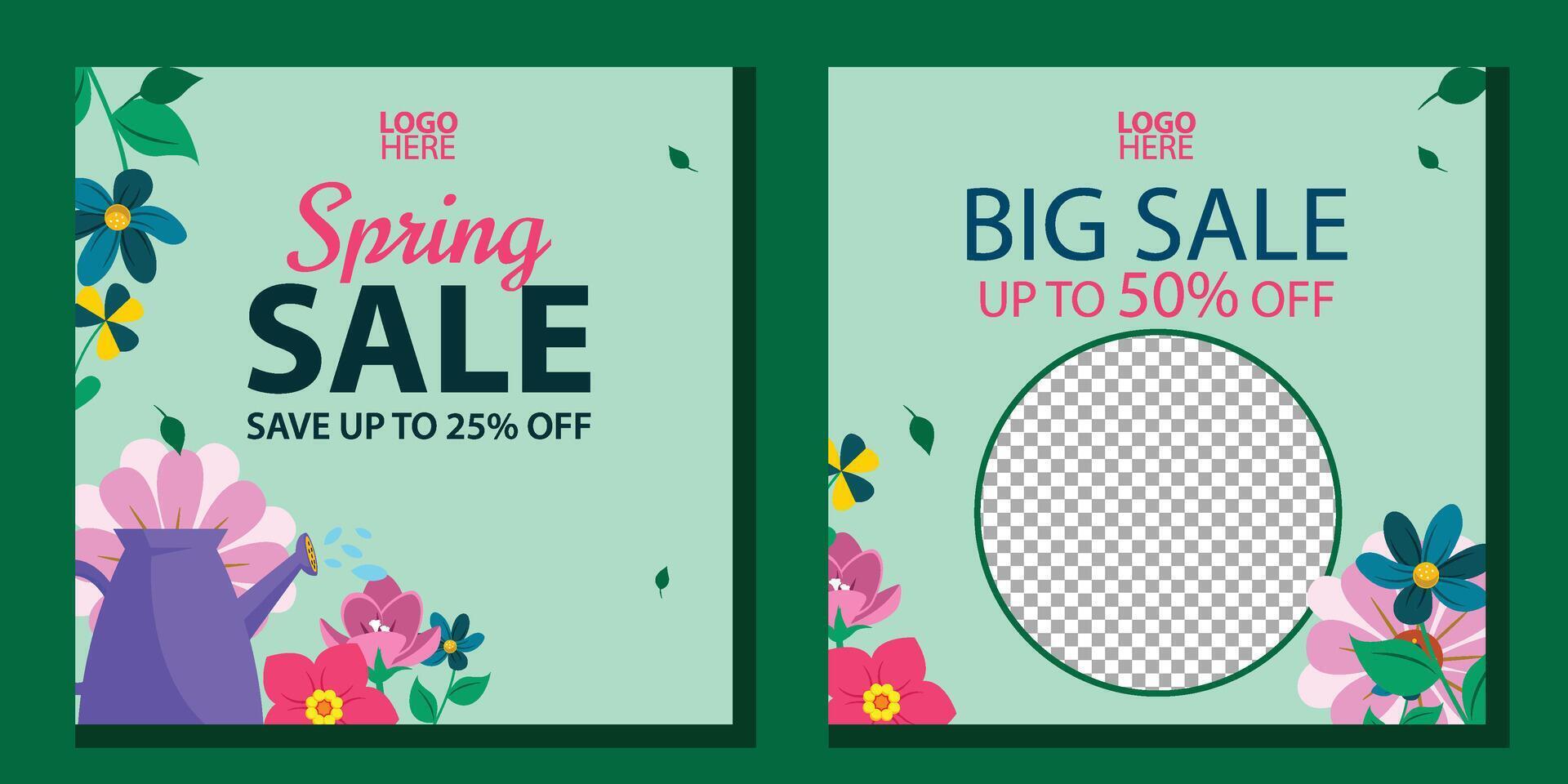 Spring sales cover brochure set. Poster templates with discount promotions and flower decorations, square leaves. great for spring greeting cards or social media posts vector