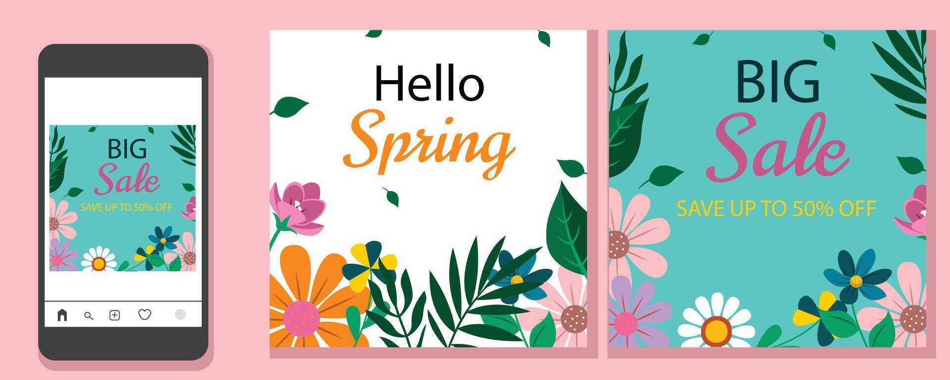 Spring sales cover brochure set. Poster templates with discount promotions and flower decorations, square leaves. great for spring greeting cards or social media posts vector