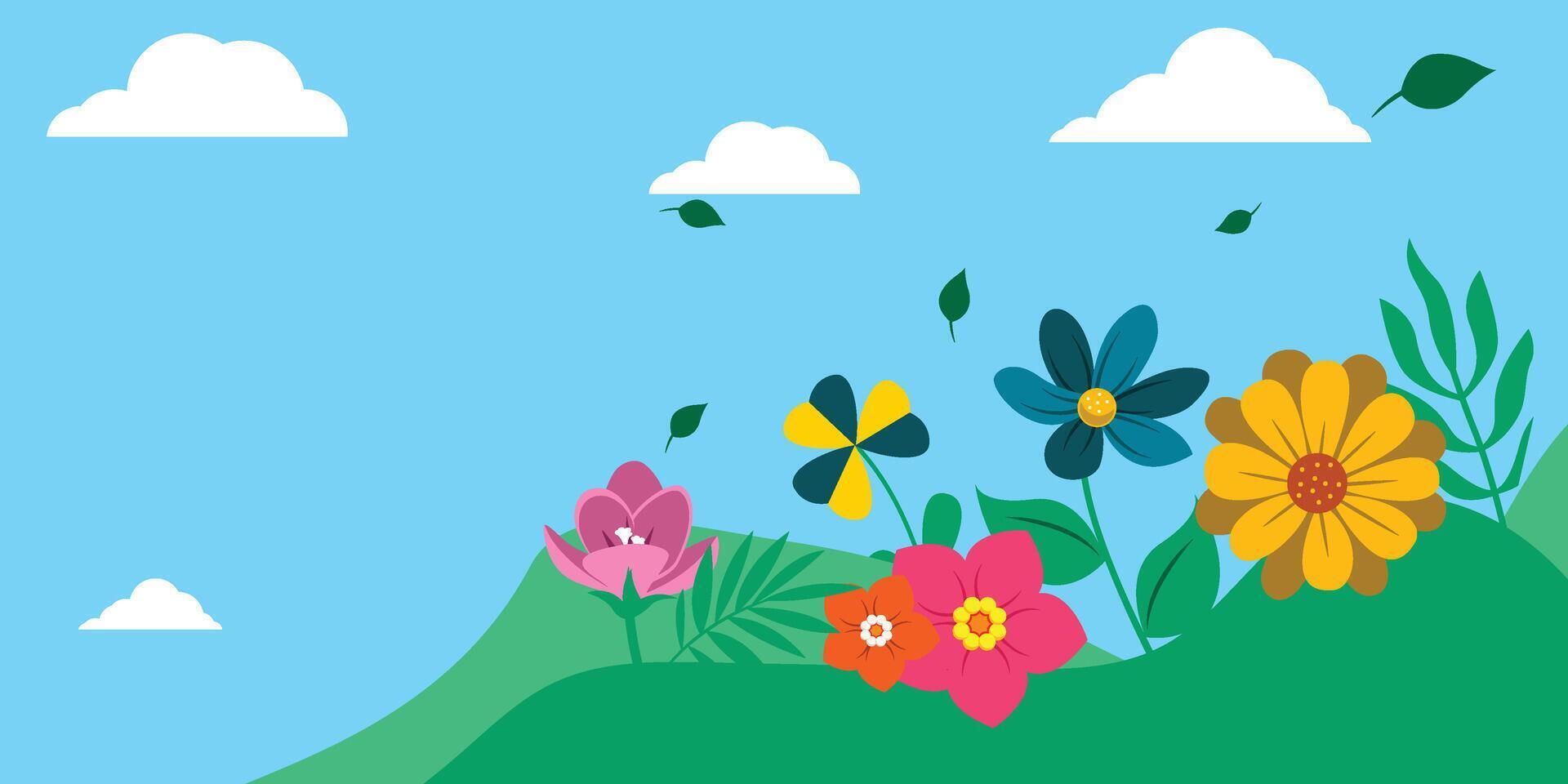 horizontal marco primavera antecedentes ilustración con flores y hojas. pájaro casas en árboles, flor carros y hermosa primavera puntos de vista vector