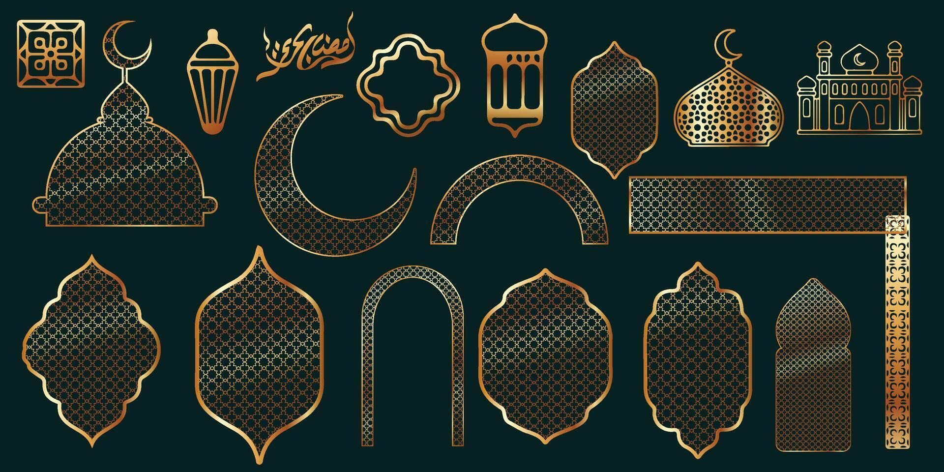 Vector collection symbol Ramadan gold line, mosque, lantern, pattern and decoration