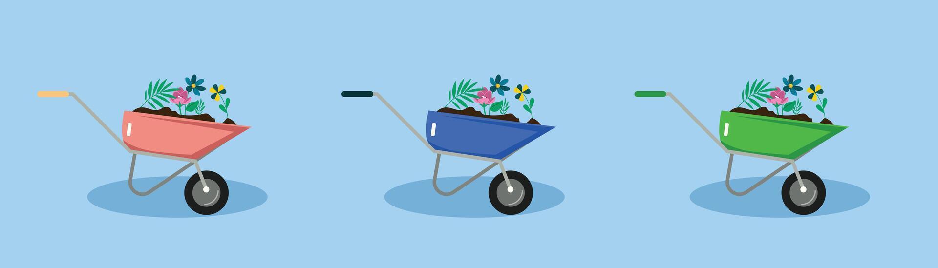 cartoon collection of spring plant cart with 1 wheel carrying flowers and plants in spring for planting, design elements for spring celebrations vector