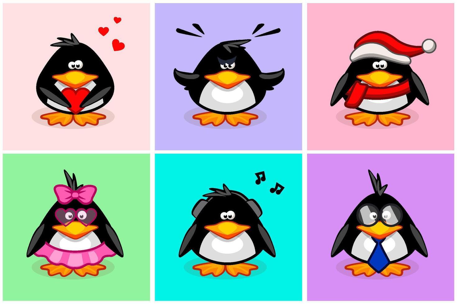 Character Penguins with different wears. Cartoon animals vector