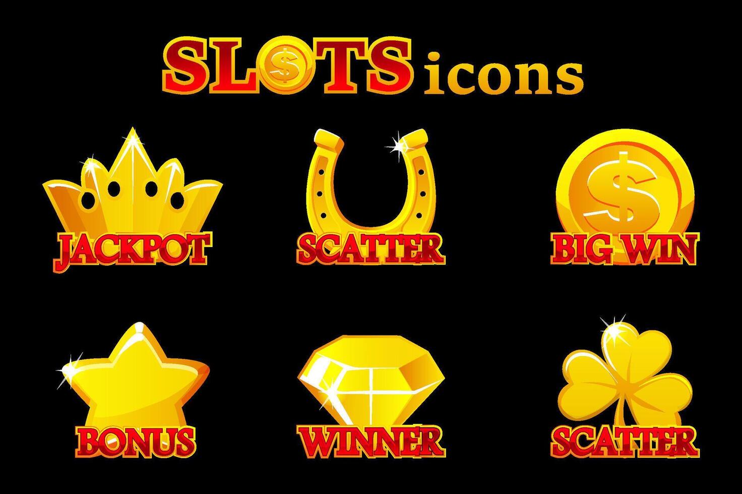 Classic gold slot machine symbol collection. Casino icons scatter,big win, winner, jackpot and bonus. vector