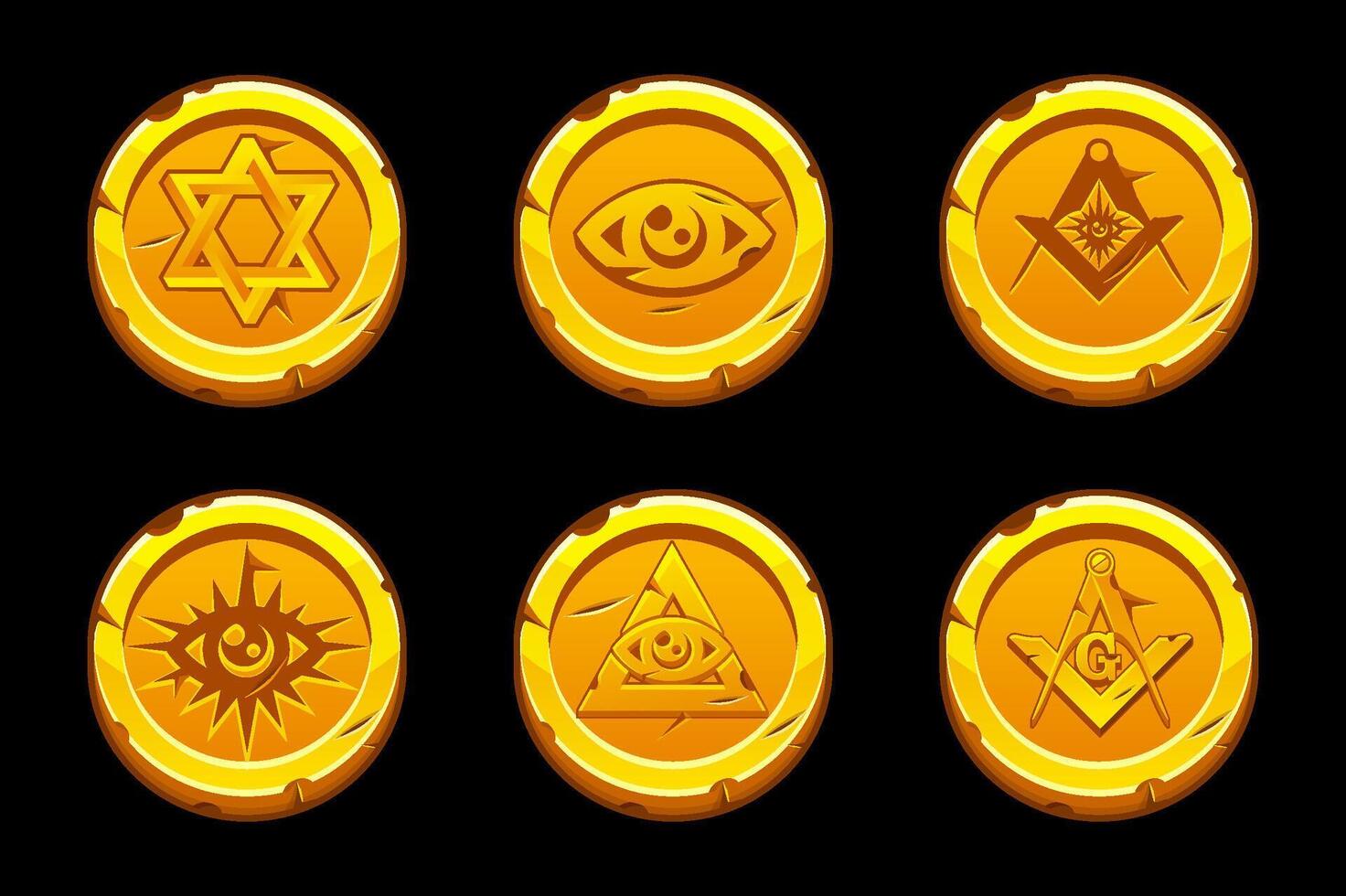 Golden coins with an All-seeing eye. Golden Pyramid and All-seeing Eye, Freemasonry Masonic Symbol. vector
