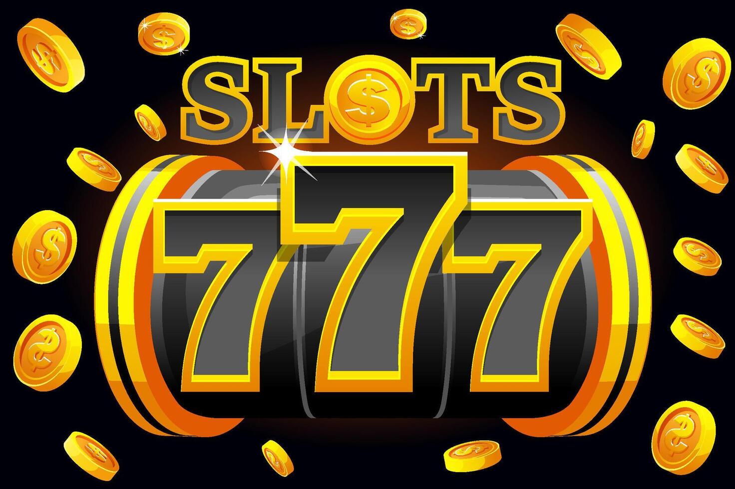 Slot machine 777 with explosion coins. Golden and black Banner for a casino game. vector