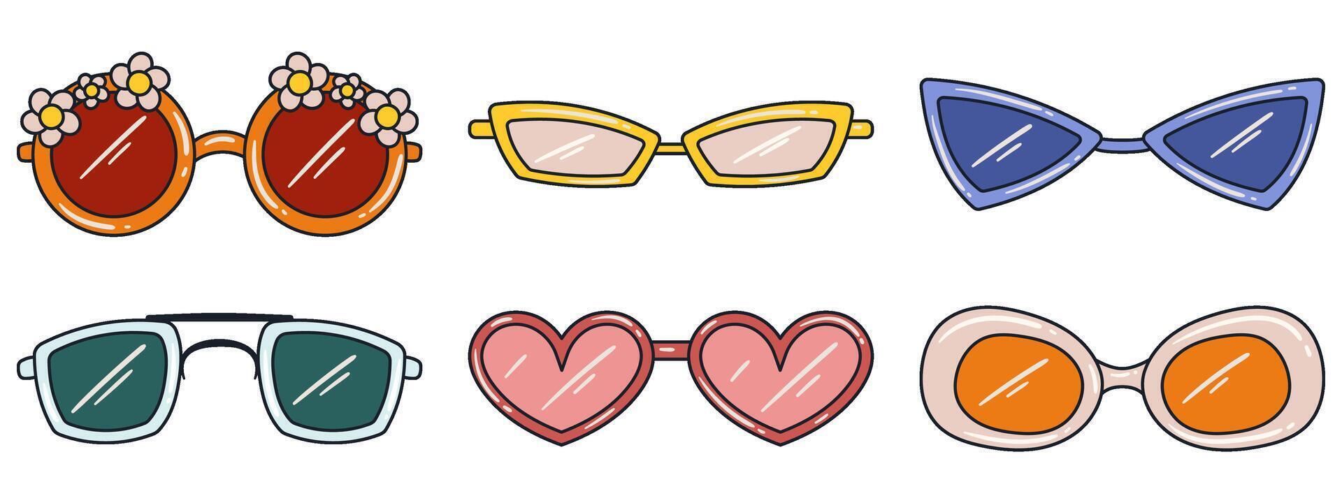 conjunto de diferente retro estilo, hippie Gafas de sol. retro estético onda, Años 70. mano dibujado vector plano estilo vector ilustraciones