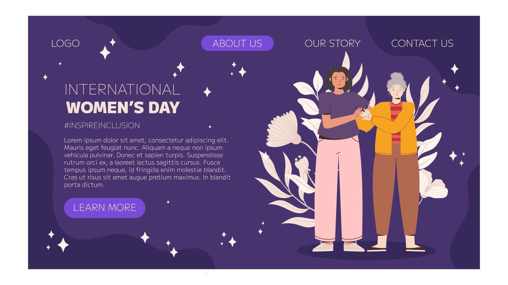 IWD Inspire Inclusion campaign, International Women's Day 2024 Landing page template features a diversity of women making heart gesture with their hands. Vector hand drawn illustration in flat style.