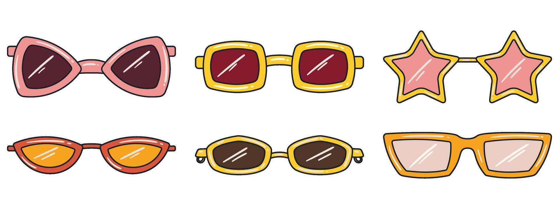 conjunto de diferente retro estilo, hippie Gafas de sol. retro estético onda, Años 70. mano dibujado vector plano estilo vector ilustraciones