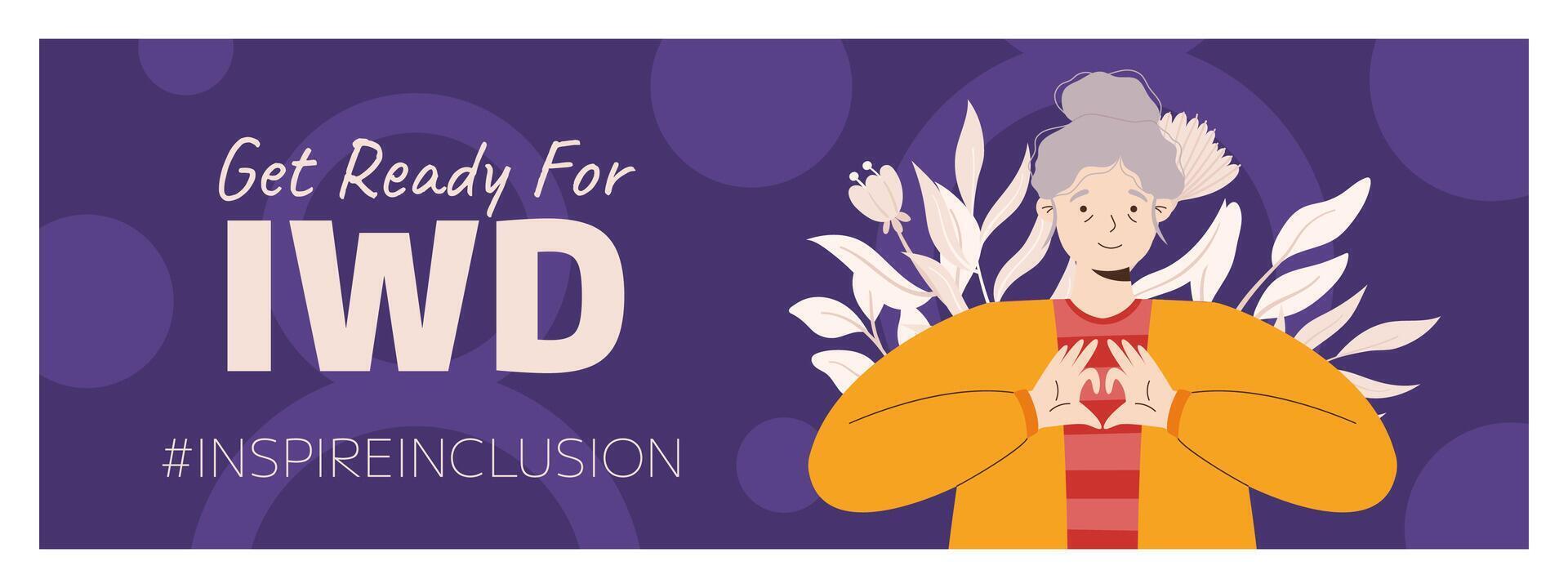 IWD Inspire Inclusion campaign, International Women's Day 2024 Horizontal banner template features a diversity of women making heart gesture with their hands. Vector illustration flat style.