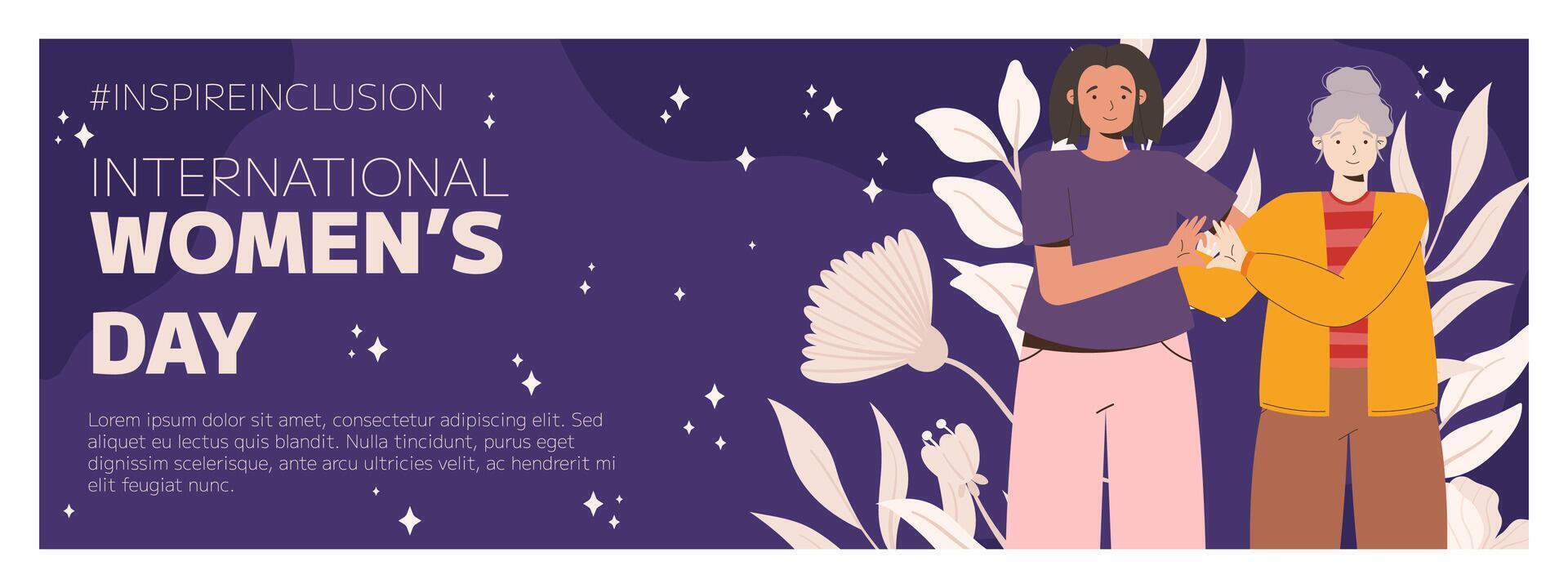 IWD Inspire Inclusion campaign, International Women's Day 2024 Horizontal banner template features a diversity of women making heart gesture with their hands. Vector illustration flat style.