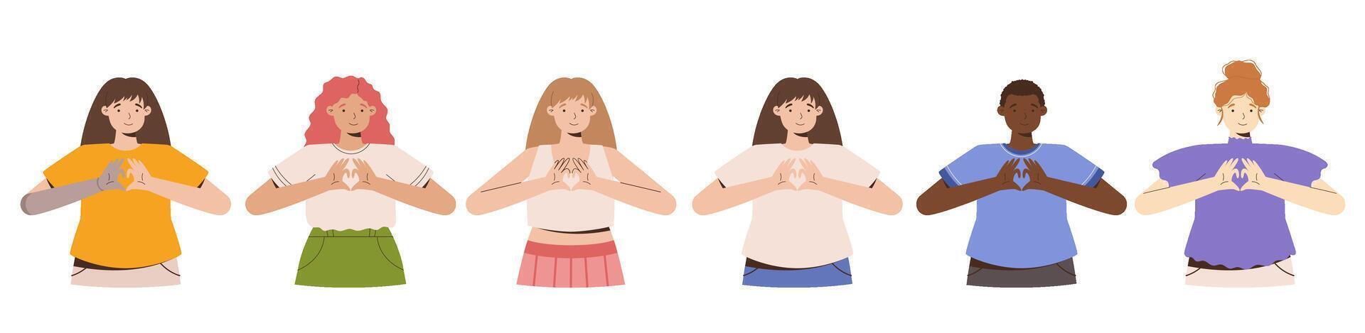 IWD Inspire Inclusion campaign, International Women's Day 2024 collection features a diversity of women making the heart gesture with their hands. Vector hand drawn illustration in flat style.