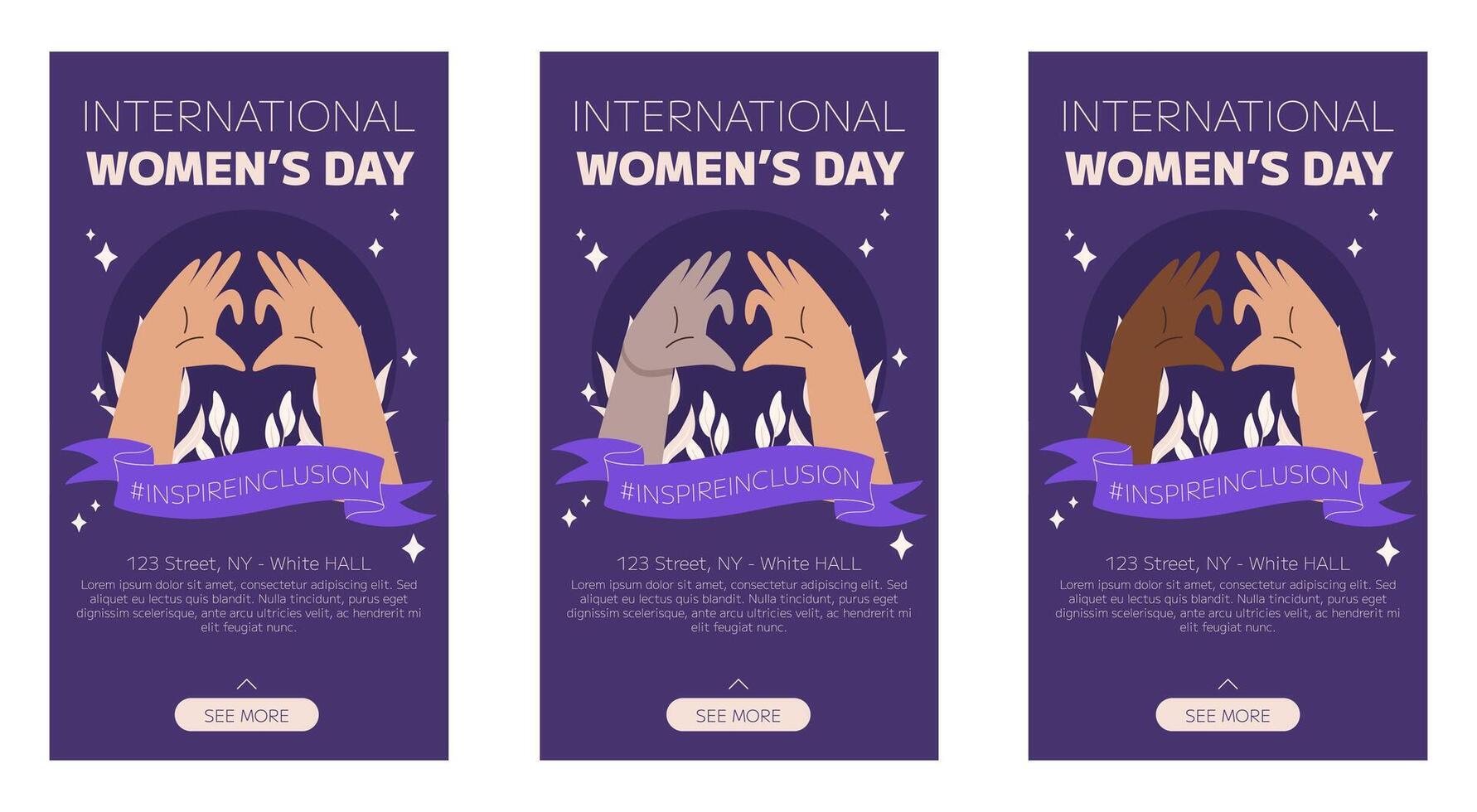 iwd inspirar inclusión campaña, internacional De las mujeres día 2024 vertical social medios de comunicación cuentos modelo colección caracteristicas variedad de manos demostración el corazón gesto. vector