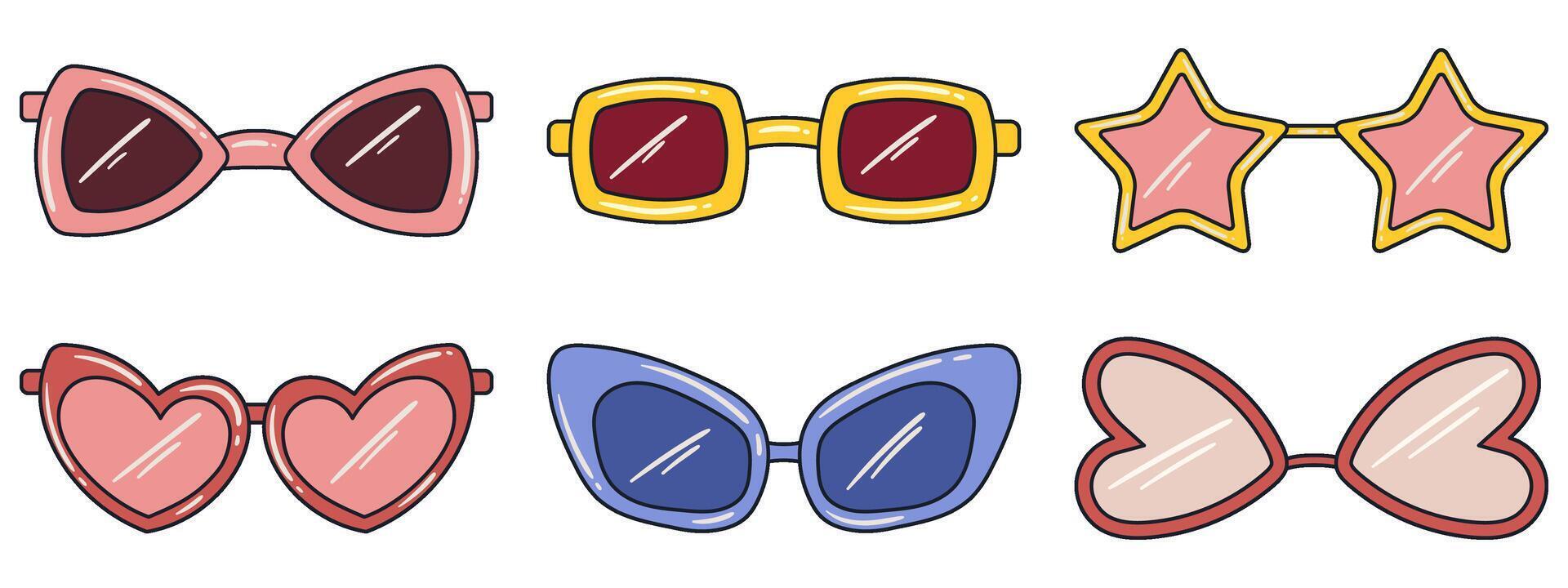 conjunto de diferente retro estilo, hippie Gafas de sol. retro estético onda, Años 70. mano dibujado vector plano estilo vector ilustraciones