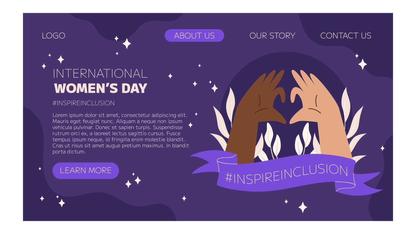 IWD Inspire Inclusion campaign, International Women's Day 2024 Landing page template features variety of hands showing the heart gesture. Vector hand drawn illustration in flat style.