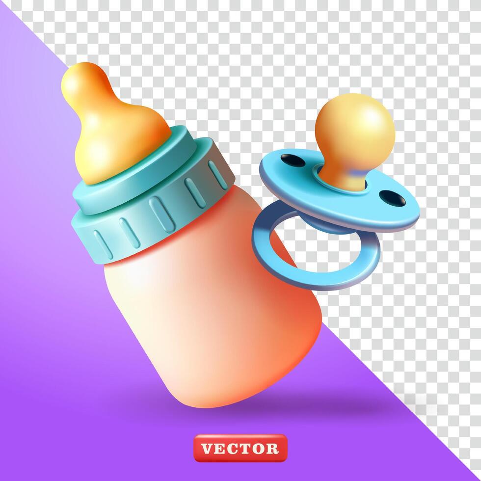 Baby feeding bottle and nipple, 3d vector. Suitable for education, health and business vector
