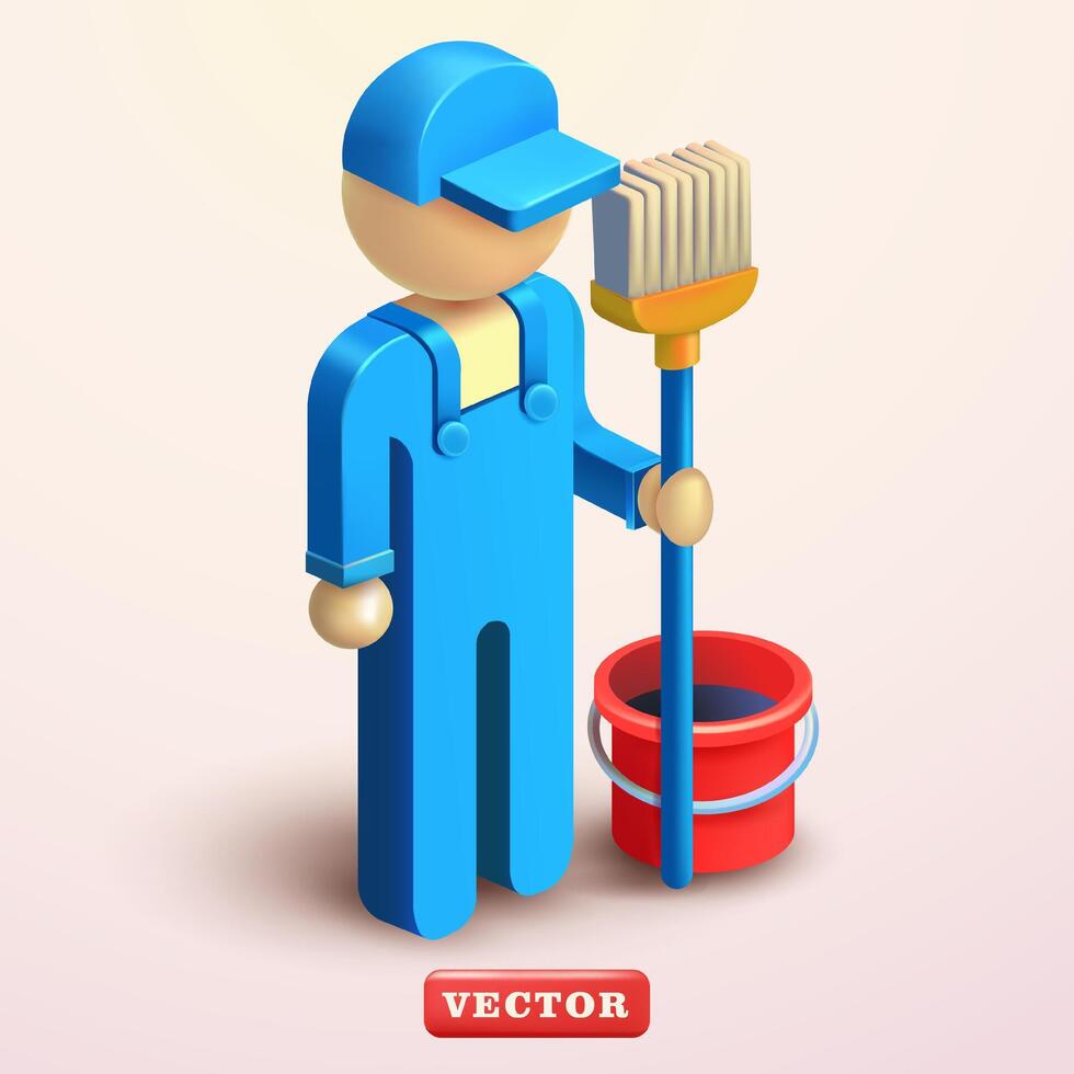 Janitor stickman character, 3d vector. Suitable for cleaning services and design elements vector