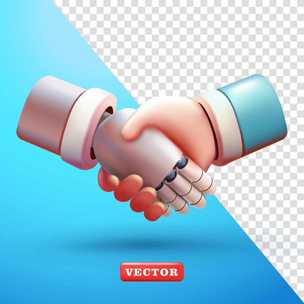 Robot and human shake hands, 3d vector. Suitable for business and technology vector