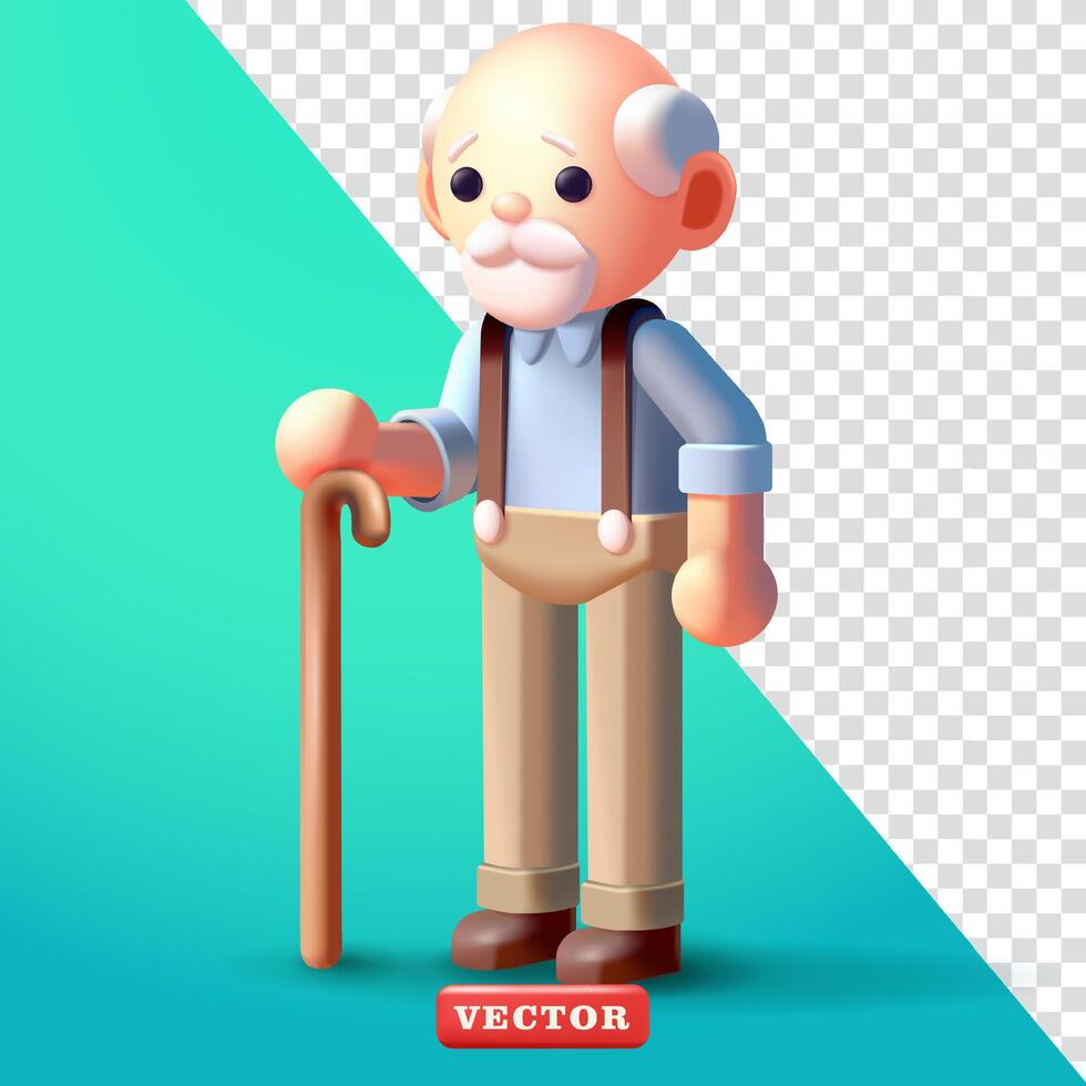 Old man character holding a cane, 3d vector. Suitable for health , grandfather's day and design elements vector