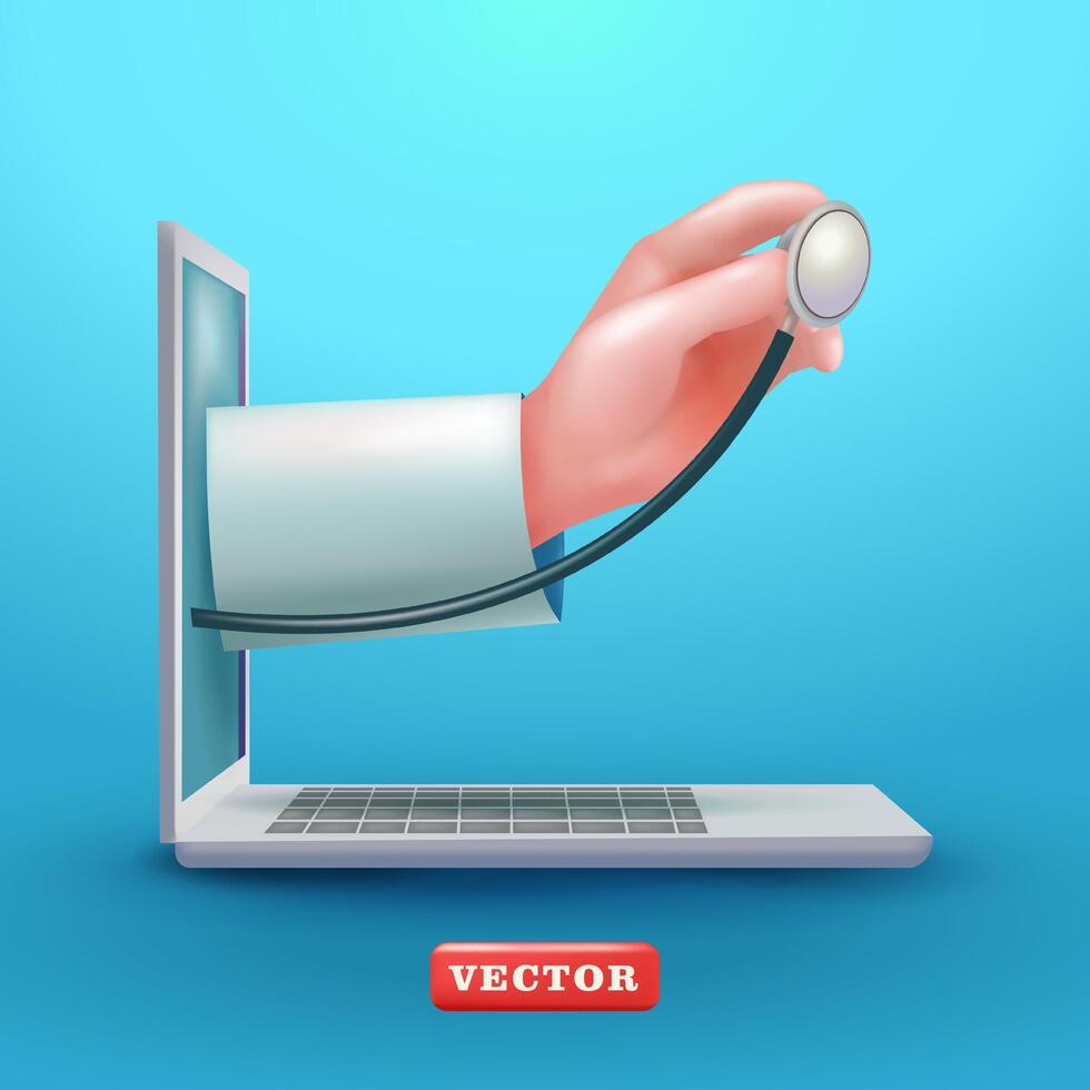 del doctor mano participación estetoscopio viniendo fuera de ordenador portátil pantalla, 3d vector. adecuado para en línea salud vector